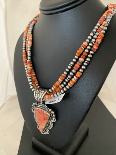 Navajo Red Spiny Oyster Pendant | Sterling Silver | Native American Handmade | Multi-Strand Necklace | 1659