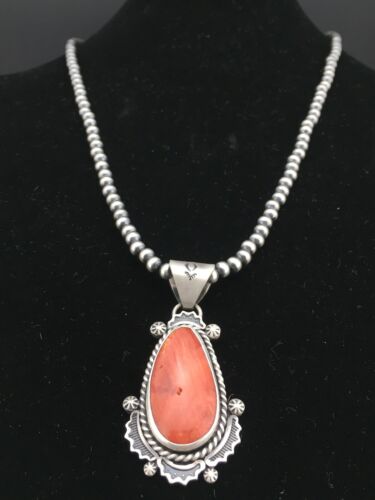 Navajo Orange Spiny Oyster Pendant | Sterling Silver Pearls | Authentic Native American Handmade | 1296