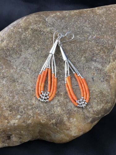 Native American Liquid Silver Heishi Dangle Earrings | Orange Coral | Sterling Silver | 2" | 2033