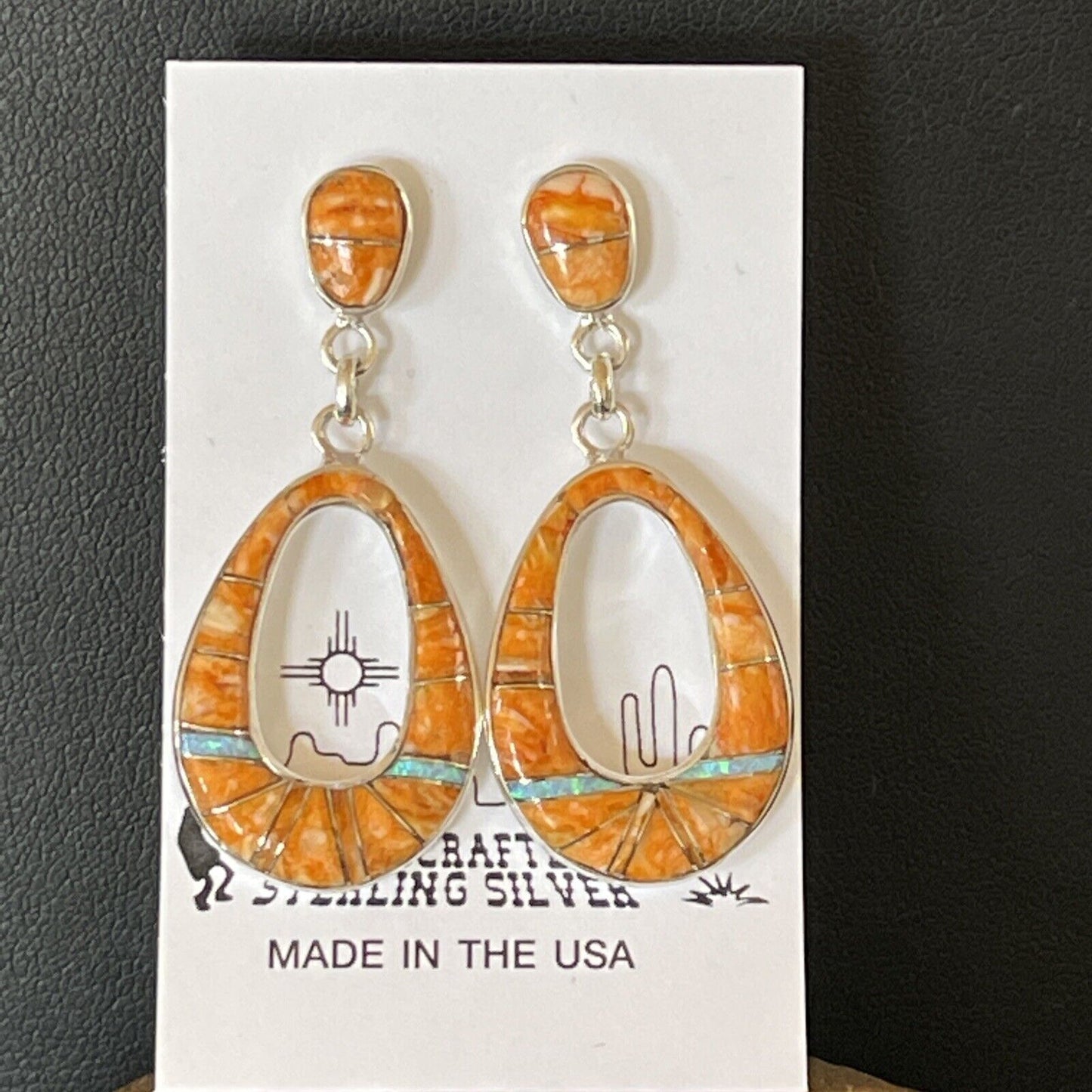 Navajo Sterling Silver Opal Orange Spiny Oyster Inlay Dangle Earrings | Authentic Native American Handmade | 1545 - Masha USA