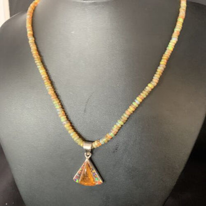 Navajo Yellow Opal Amber Inlay Pendant | Sterling Silver Necklace | Authentic Native American Handmade | 13417