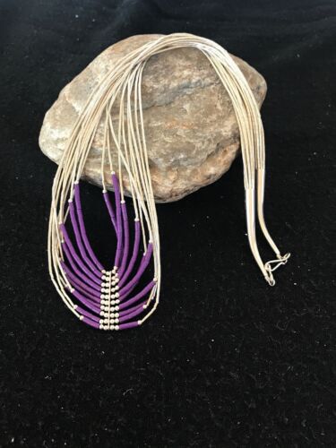 Native American Sugilite Heishi Tubes Necklace | 10 Strand Liquid Sterling Silver | 8558