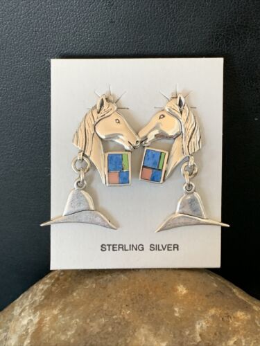 Native American Navajo Blue Lapis & Pink Opal Sterling Silver Horse Inlay Earrings 1" | 1513