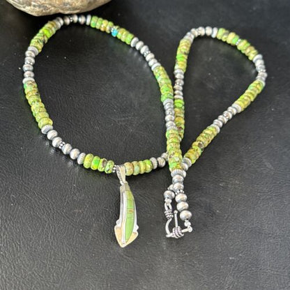 Navajo Green Turquoise Pendant Necklace | Sterling Silver | 22" | Authentic Native American Handmade | 14612
