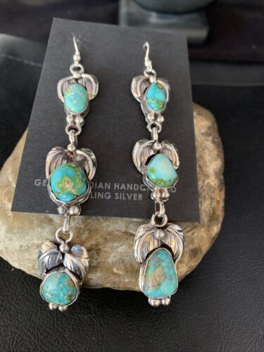 Navajo Green Turquoise Earrings | Sonoran Gold | Sterling Silver | 3 Dangle | Authentic Native American Handmade | 13925