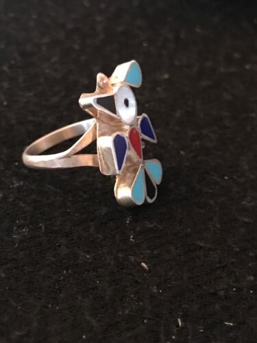 Zuni Peyote Bird Ring | Turquoise Onyx Coral Mother of Pearl Inlay | Sz 6.6 | Sterling Silver | 10792
