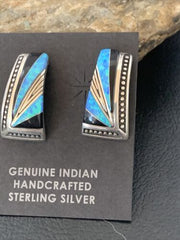 Navajo Turquoise Opal Onyx Inlay Earrings | Sterling Silver | Authentic Native American Handmade | 12115