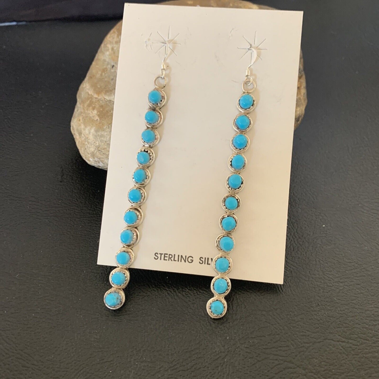 Navajo Green Turquoise Dangle Earrings | Sterling Silver | 3" Long | Authentic Native American Handmade | 12119