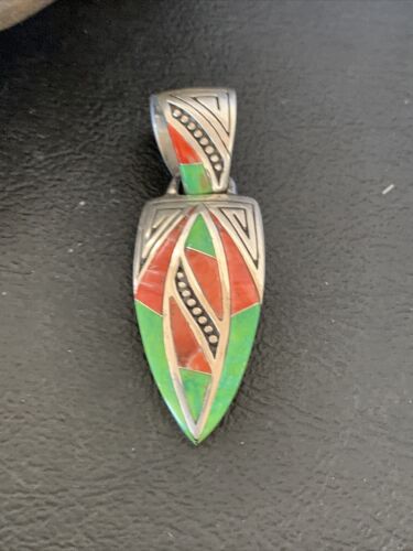 Navajo Pink Coral & Green Gaspeite Inlay Pendant | Sterling Silver | Authentic Native American Handmade | 12483