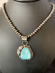 Blue Dry Creek Turquoise Pendant | Navajo Pearl Necklace | Men's Sterling Silver | 12976