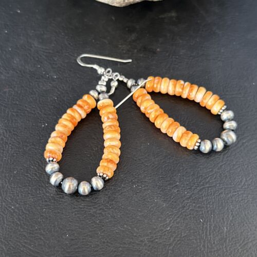 Navajo Orange Spiny Oyster Bead Earrings | Sterling Silver | Authentic Native American Handmade | 14294