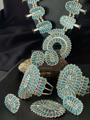 Navajo Blue Turquoise Squash Blossom Necklace | Sterling Silver | 7Pc Cluster Pendant | 12084