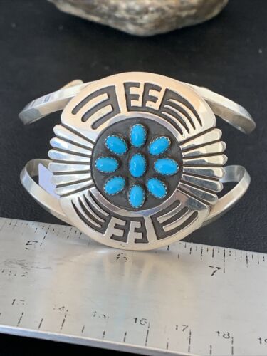Navajo Sterling Silver Kingman Turquoise Cuff Bracelet | Men's Cluster | Blue | 1651