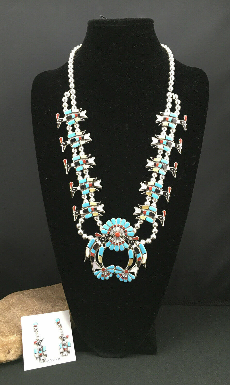 Zuni Peyote Bird Turquoise Squash Blossom Necklace Set | Sterling Silver | Native American Handmade | 1313