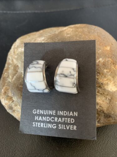 Navajo White Buffalo Turquoise Inlay Earrings | Sterling Silver | 0.5" | Authentic Native American Handmade | 12996