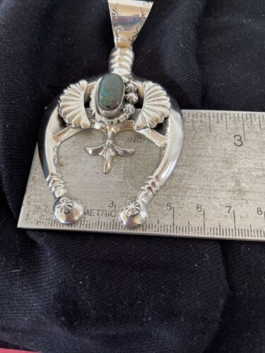 Navajo Pearls Sterling Silver Bisbee Turquoise Naja Pendant Necklace | Authentic Native American Handmade | 01058