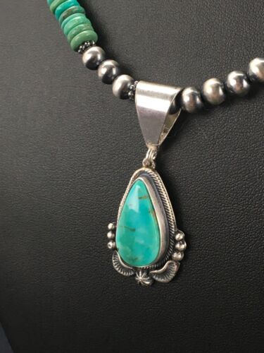 Navajo Green Turquoise Pendant Necklace | Sterling Silver | Authentic Native American Handmade | 2645