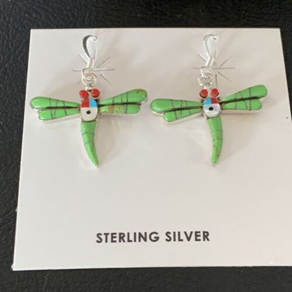 Navajo Dragonfly Earrings | Green Gaspeite, Coral, Mother of Pearl Inlay | Sterling Silver | 1" | 13319 - Masha USA