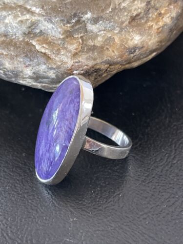 Navajo Women's Oval Purple Charoite Ring | Sterling Silver | Sz 8 Adjustable | Authentic Native American Handmade | 10566