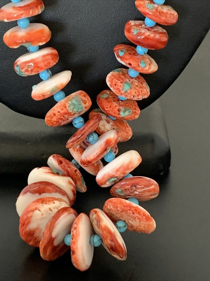 Navajo Red Spiny Oyster & Turquoise Necklace | Sterling Silver Graduated Navajo Pearls | Authentic Native American | 28" | 00912