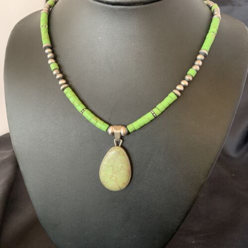 Navajo Green Gaspeite Turquoise Pendant | Sterling Silver | Authentic Native American Handmade | 12286