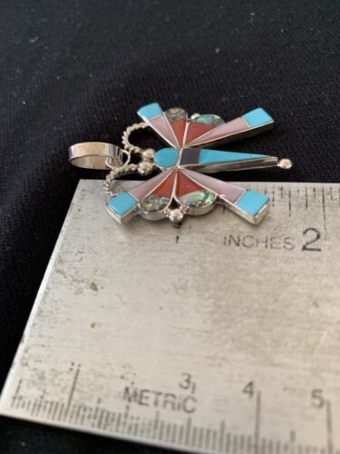 Zuni Turquoise Spiny Oyster Mother of Pearl Butterfly Necklace Inlay Pin Pendant | Sterling Silver | 1366