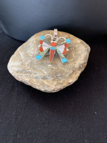 Zuni Turquoise Coral Mother of Pearl Butterfly Necklace Pin Pendant | Sterling Silver Inlay | 1368