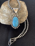 Men's Navajo Pearls Necklace with Blue Kingman Turquoise Pendant | Sterling Silver | Authentic Native American Handmade | 839