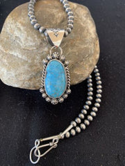 Men's Navajo Pearls Necklace with Blue Kingman Turquoise Pendant | Sterling Silver | Authentic Native American Handmade | 839