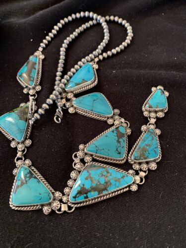 Navajo Lariat Necklace | Spiderweb Turquoise Pendant | Sterling Silver Navajo Pearls | 1187
