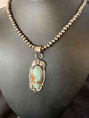 Men's Navajo Blue Dry Creek Turquoise Pendant | Sterling Silver Pearl Necklace | Native American Handmade | 12971