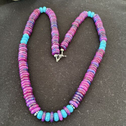 Navajo Sterling Silver Necklace | Purple Sugilite & Turquoise Beads | Authentic Native American Handmade | 21" | 1170