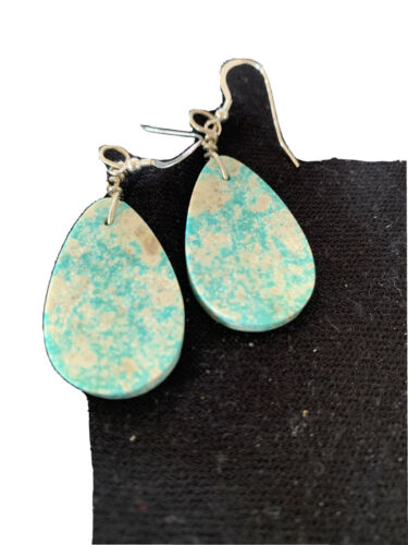 Navajo Slab Turquoise Dangle Earrings | Sterling Silver | Authentic Native American Handmade | 1356