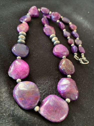 Southwestern Navajo Pearls Purple Turquoise Necklace | Sterling Silver | Authentic Native American Handmade| 20" | 1049