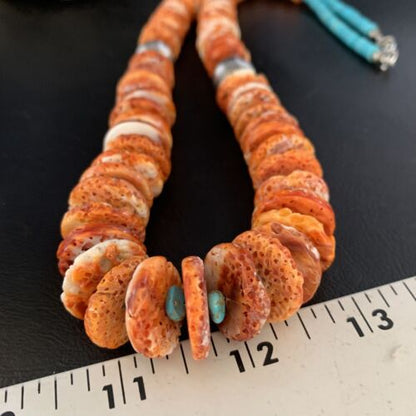 Orange Spiny Oyster & Blue Turquoise Graduated Necklace | Sterling Silver | Authentic Native American | 28" | 13713