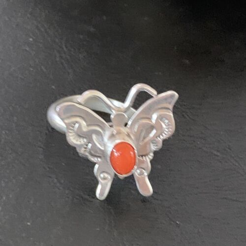 Navajo Red Spiny Oyster Butterfly Ring | Sterling Silver | Adj Sz 8 | Authentic Native American Handmade | 10341