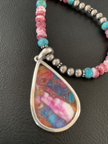 Navajo Pearls Necklace with Turquoise & Purple Spiny Oyster Pendant | Sterling Silver | 13293