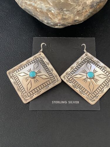 Navajo Blue Turquoise Earrings | Stamped Sterling Silver | Authentic Native American Handmade | 13324