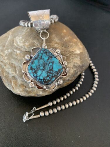 Men's Navajo Blue Spiderweb Turquoise Pendant Necklace | Sterling Silver | Authentic Native American Handmade | 10663