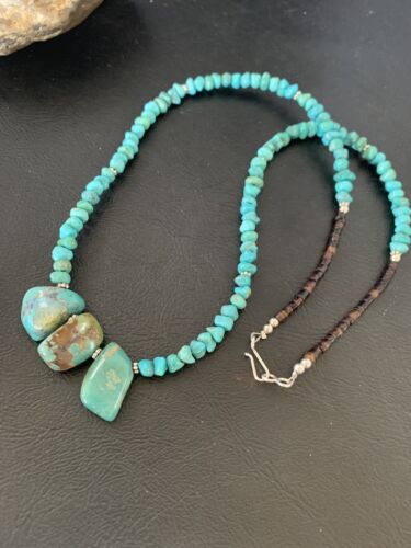 Navajo Blue Turquoise Nugget Pendant Necklace | Sterling Silver Pearls | 18" | Authentic Native American Handmade | 12446