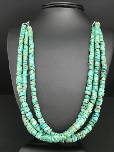 Native American Sterling Silver 3-Strand Turquoise Heishi Necklace | 27" | 6mm Beads | 1138 - Masha USA