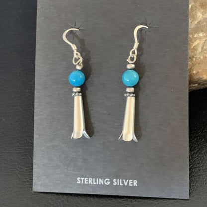 Women's Squash Blossom Dangle Earrings | Sterling Silver Blue Turquoise | 1.25" | 13019