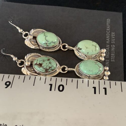 Navajo Green Spiderweb Turquoise Dangle Earrings | Sterling Silver | Authentic Native American Handmade | 13547