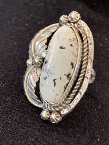 Navajo White Buffalo Turquoise Ring | Sterling Silver | Sz 10.5 | Authentic Native American Handmade | 145