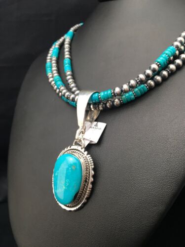 Navajo Pearls Kingman Turquoise Pendant Necklace | Sterling Silver | 3-Strand Set | 21" | 3001