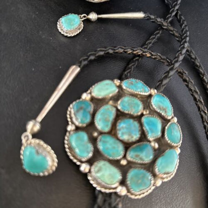 Men's Bolo Tie | Cluster Blue Kingman Turquoise | Sterling Silver | Navajo | Authentic Native American Handmade | 14524