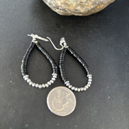 Native American Black Onyx Dangle Earrings | Sterling Silver Heishi Bead | 2" | 14427 - Masha USA
