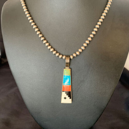 Navajo Old Pawn Mother of Pearl Turquoise Spiny Inlay Pendant Necklace | Sterling Silver | 10698
