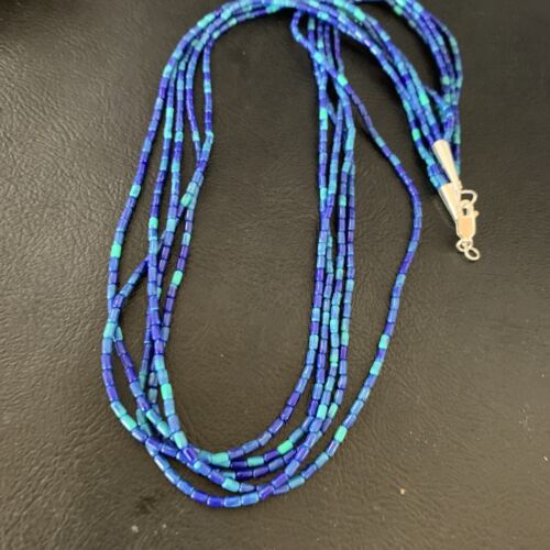 Blue Green Azurite Heishi Necklace | 5 Strand Stabilized Sterling Silver Pendant | 12930