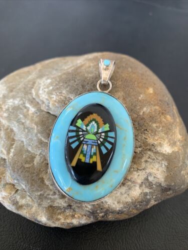 Zuni Multi-Stone Turquoise Pendant | Coral Onyx Inlay | Sterling Silver | Authentic Native American Handmade | 2029